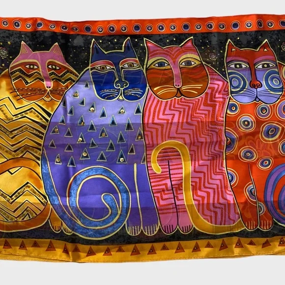 Vintage Laurel Burch Feline Family Portrait Multicolor Silk Scarf